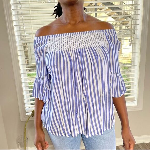 2/$20 a.n.a. Off Shoulder Striped Blue White Top - Picture 2 of 12